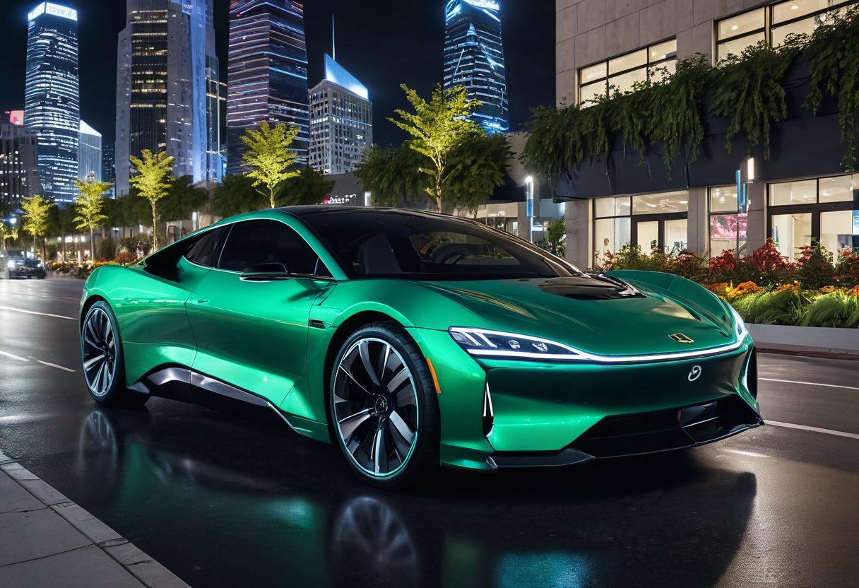 A futuristic car cruising along a modern cityscape, showcasing advanced automotive technology with holographic displays and AI-driven features. Include dynamic elements like drones and electric charging stations along the road, representing environmental sustainability. Highlight innovative vehicle designs that blend seamlessly with nature. Night scene illuminated with neon lights for a vibrant look. super-realistic. vibrant colors.