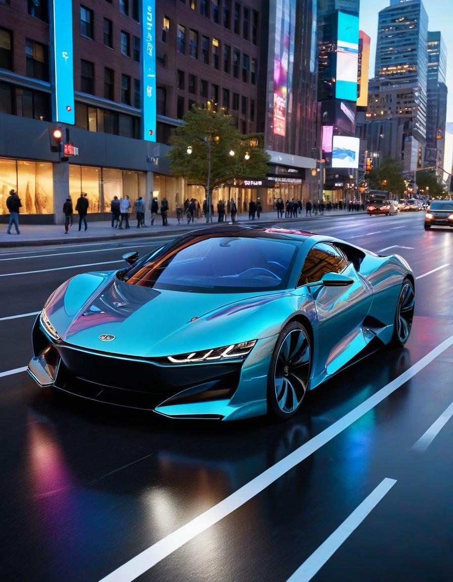 A sleek, futuristic car in a dynamic urban setting, surrounded by glimmering holographic technology displays showcasing cutting-edge features like AI interfaces and connected devices. Highlight vibrant elements of innovation, such as drones and smart traffic systems in the background. The scene should evoke a sense of excitement and possibility. super-realistic. vibrant colors. 3D.