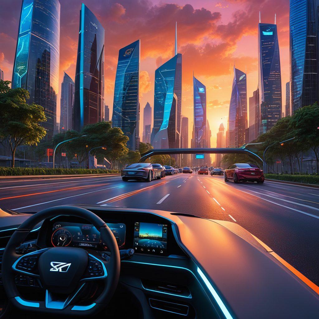 A futuristic scene of diverse electric vehicles on a sleek, illuminated highway lined with advanced smart traffic lights and holographic displays. The background features a skyline of modern skyscrapers with eco-friendly designs and greenery integrated into the architecture. A digital dashboard interface showcasing innovative driving technology is visible from the driver’s perspective. The sky is glowing with sunset hues, creating an inspiring atmosphere. super-realistic. vibrant colors. 3D.